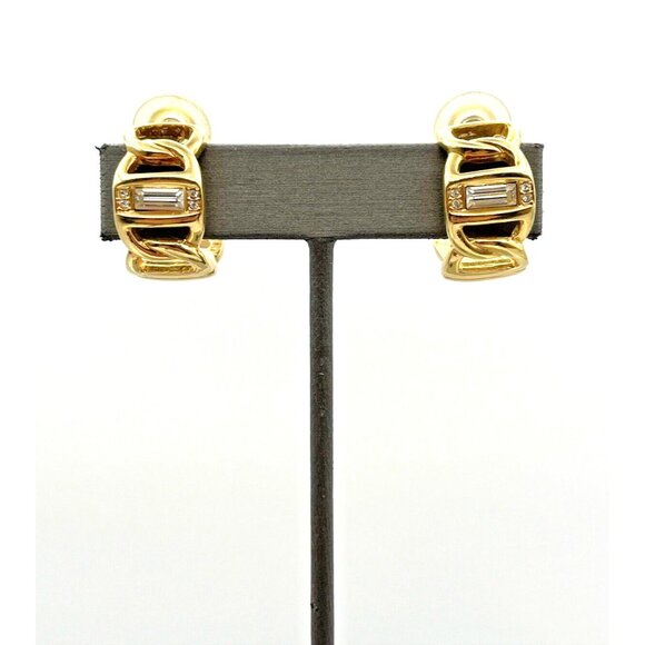 Vintage SWAROVSKI Swan Baguette Crystal Half Hoop Gold Tone Pierced Earrings - Picture 4 of 8